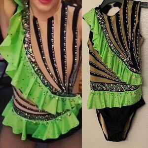 Glamour dance costume rhythmic gymnastic leotard black green bling LA adult